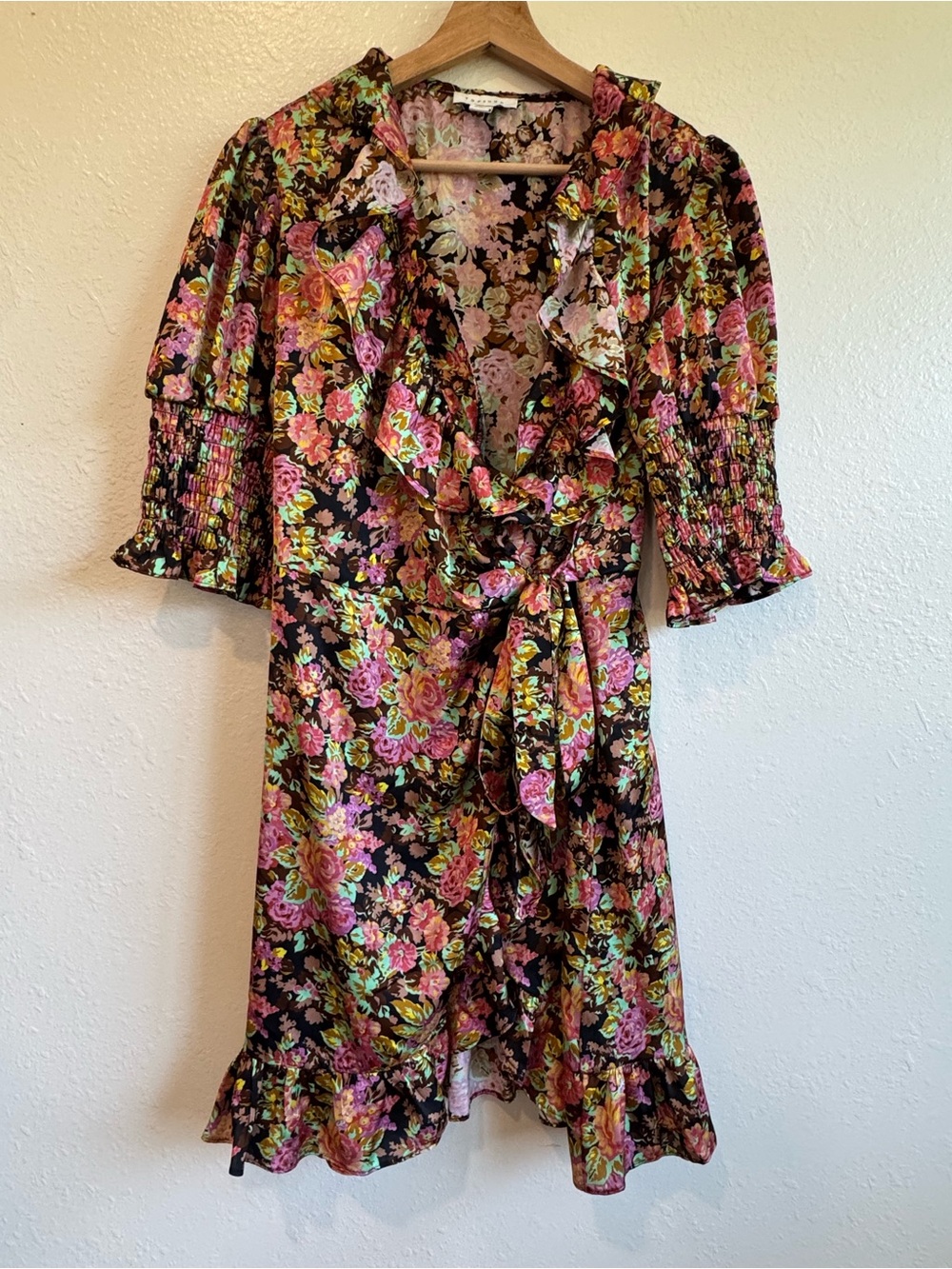 Topshop Black Floral Ruffle Wrap Mini Dress with Pink & Green Flowers | Size 12